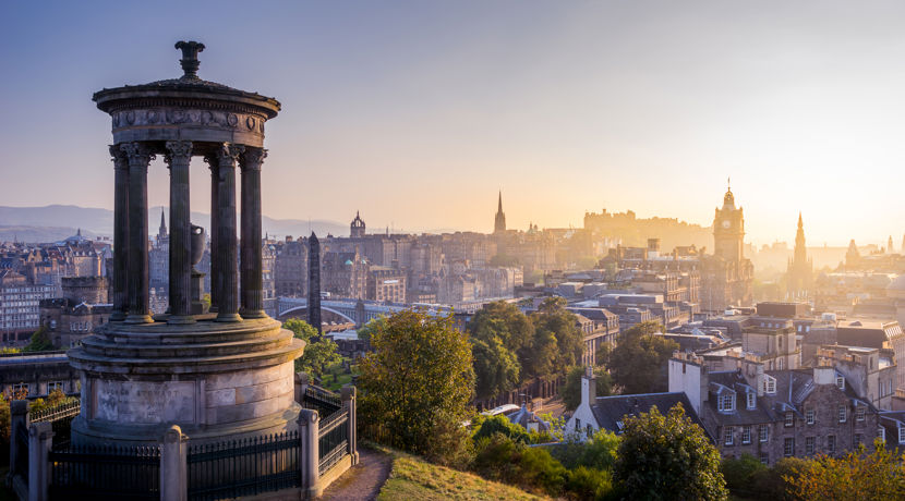 Edinburgh skyline from Calton Hill at sunset.